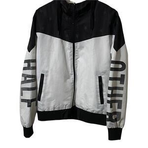 Other Half Black & White Star Print Hooded Windbreaker Jacket Mesh Lining LARGE